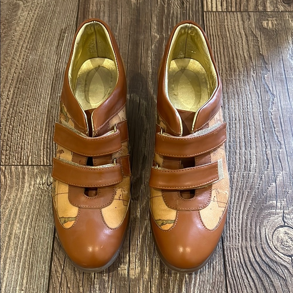 Alviero Martini Brown Leather Sneakers with Adjustable Straps and gold interior